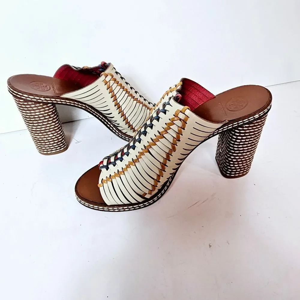 Tory Burch Pecha Woven Leather Stitched Block Heel Mules 8 LIKE NEW!